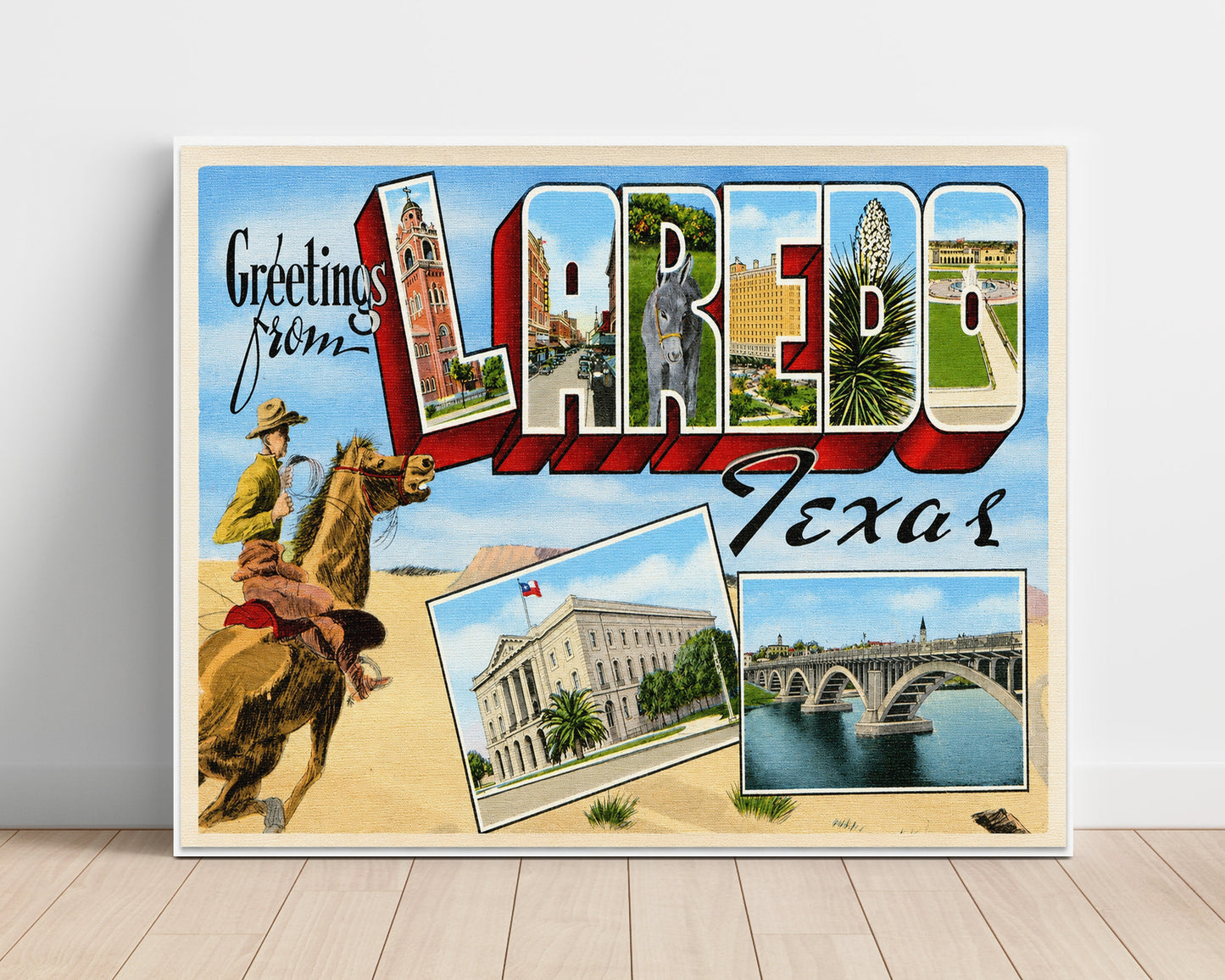 Greetings from Laredo, Texas - Cowboy Design 8x10 Unframed Print vintage postcard wall art