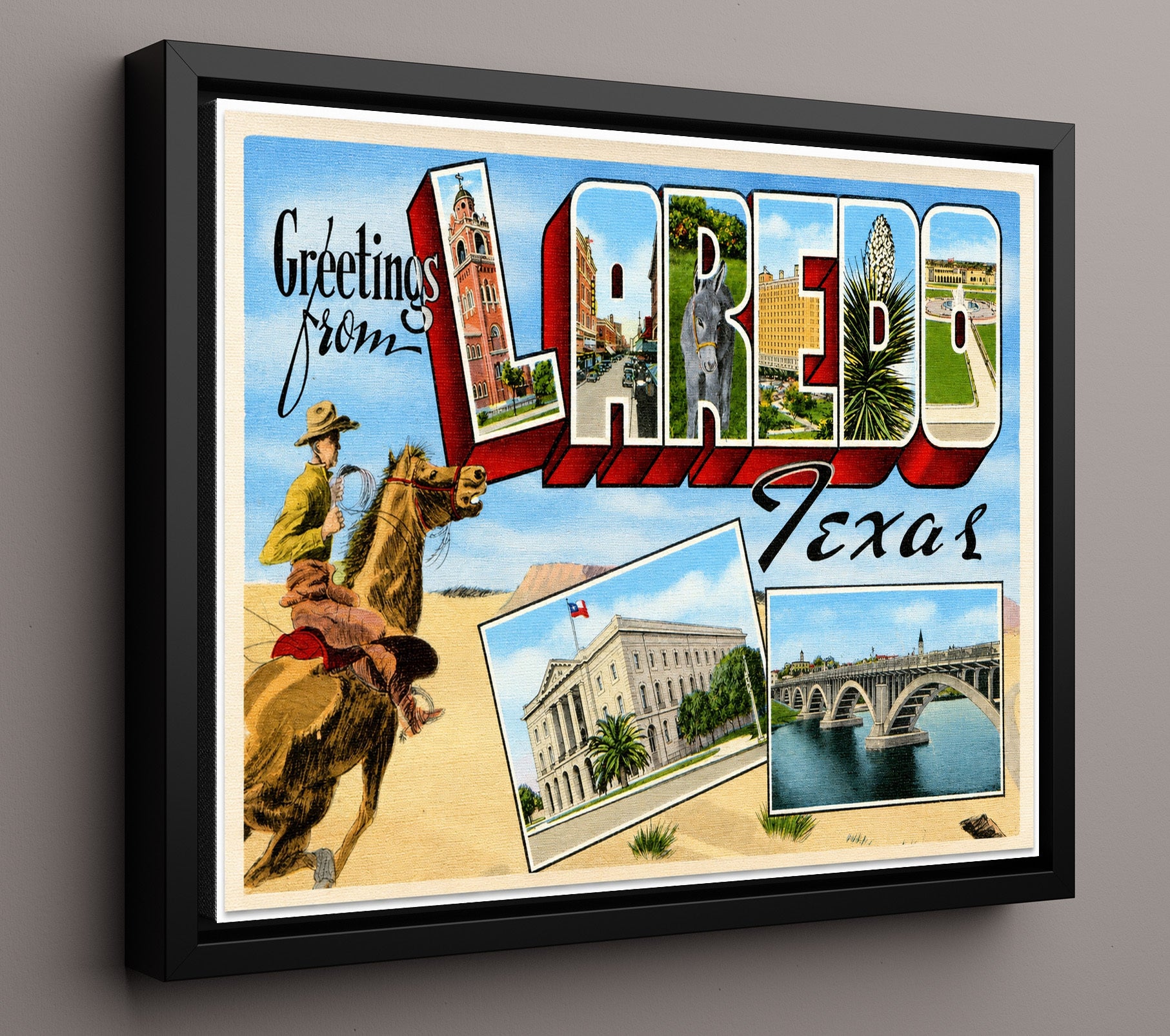 Greetings from Laredo, Texas - Cowboy Design 8x10 Framed Canvas vintage postcard wall art