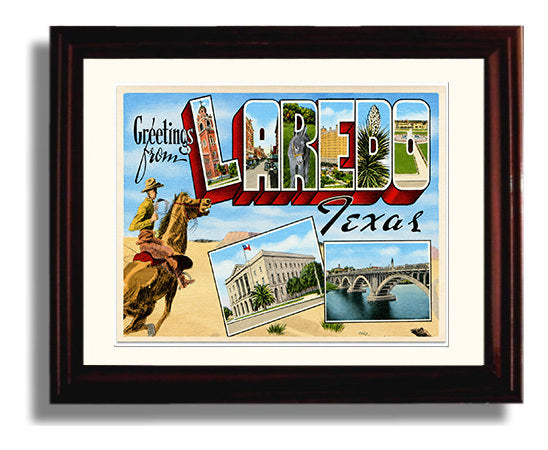 Greetings from Laredo, Texas - Cowboy Design 8x10 Beveled Frame vintage postcard wall art