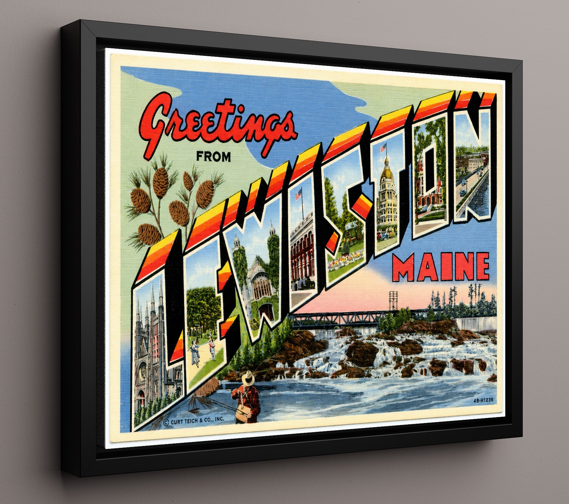 Lewiston, Maine Vintage Postcard - Vintage American Wall Art 16x20 Floating Canvas Display wall art print – framed decor