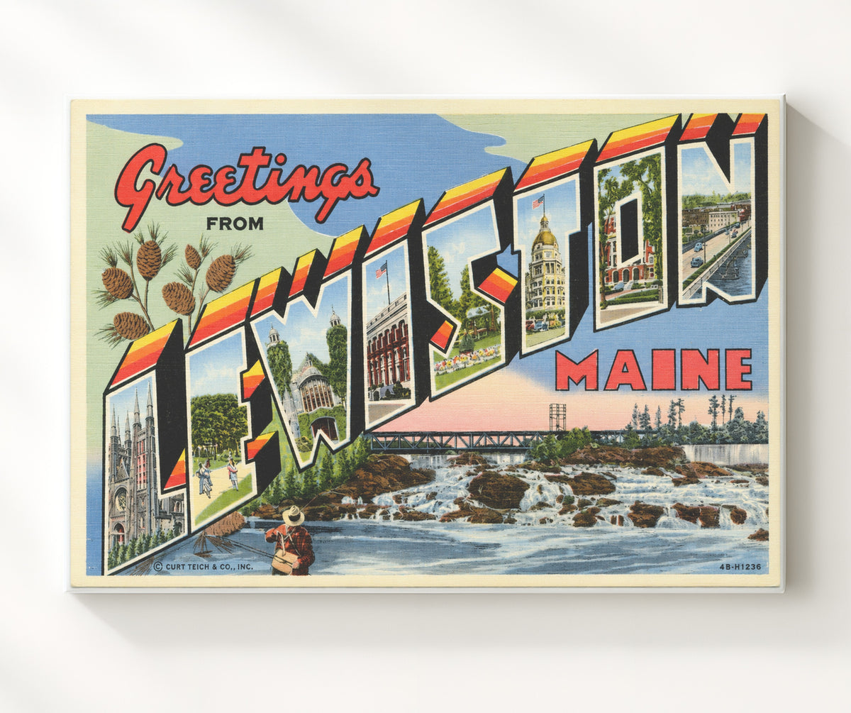 Greetings from Lewiston, Maine 8x10 Canvas vintage postcard wall art