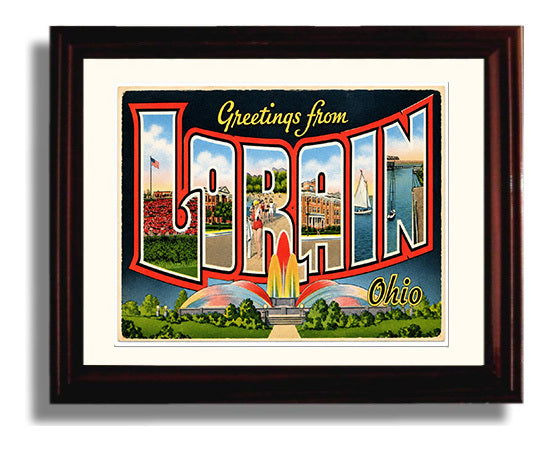 Greetings from Lorain, Ohio 8x10 Beveled Frame vintage postcard wall art