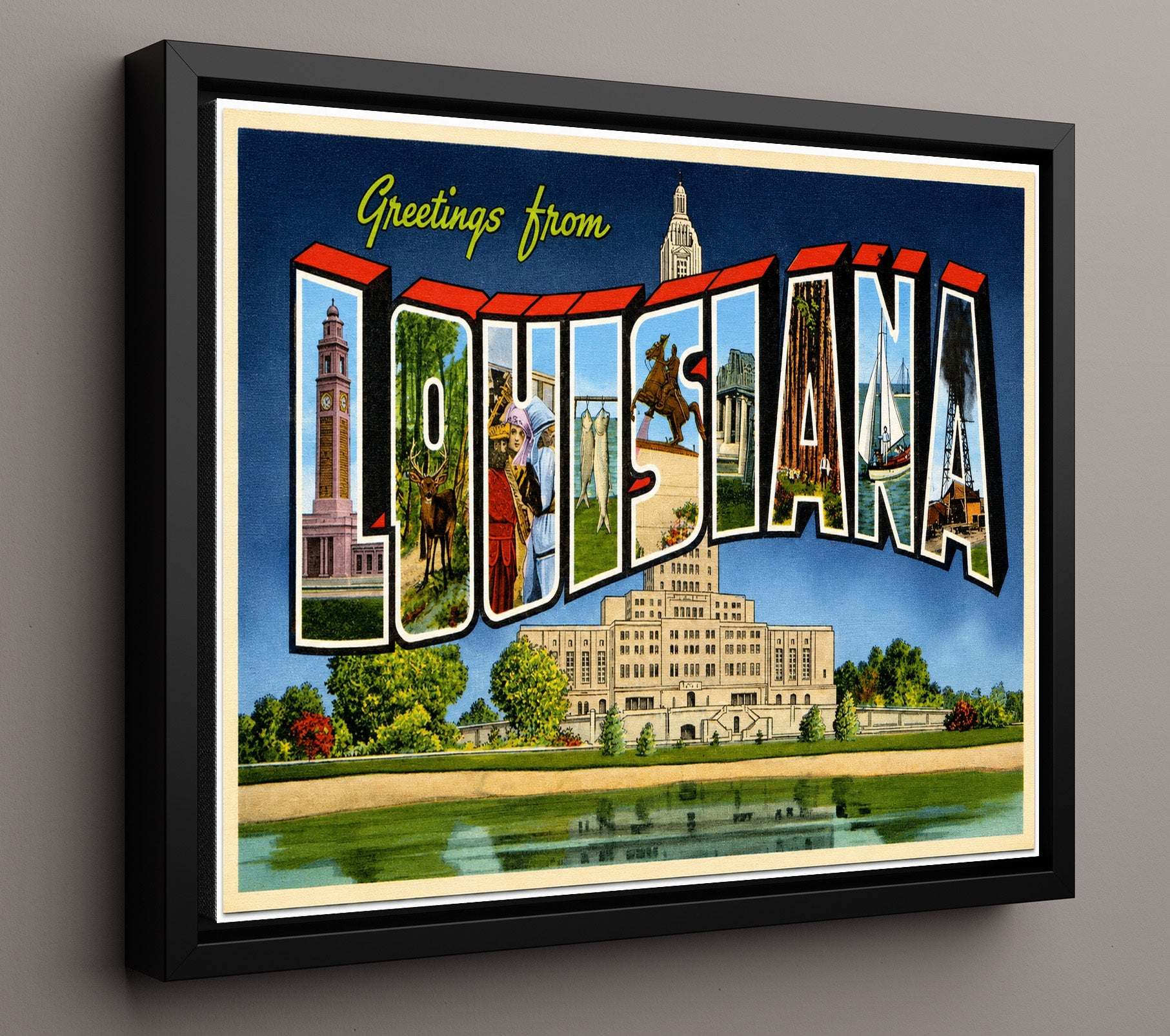 Louisiana State Capitol Vintage Postcard - Vintage American Wall Art 16x20 Floating Canvas Display wall art print – framed decor