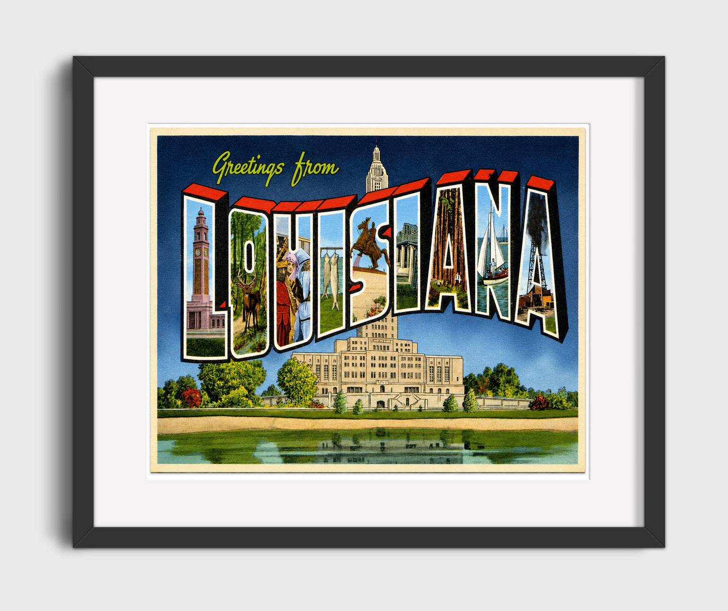 Louisiana State Capitol Vintage Postcard - Vintage American Wall Art 16x20 Gallery Framed Artwork wall art print – framed decor