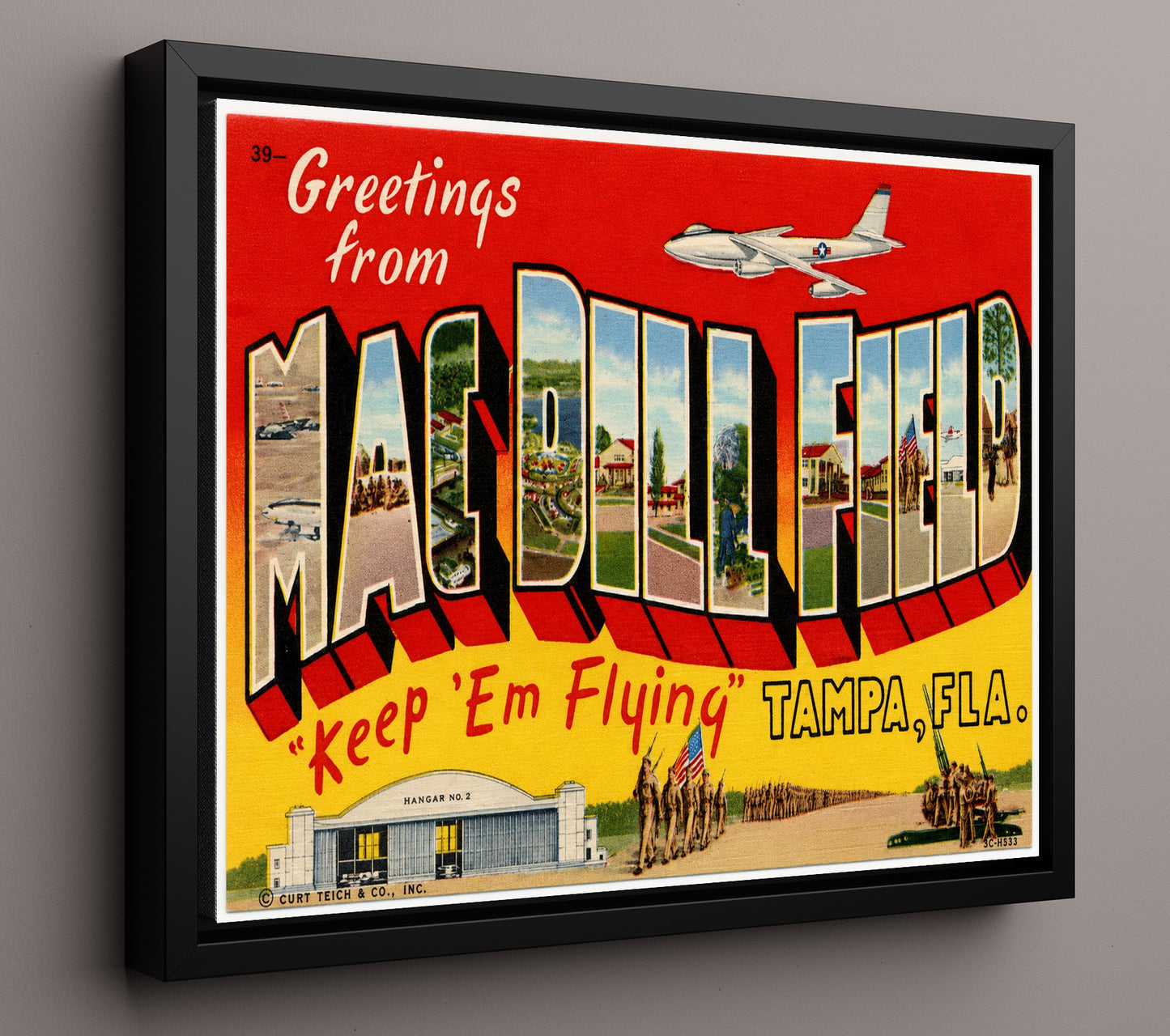 MacDill Field Tampa, Florida Vintage Postcard - Vintage American Wall Art 16x20 Floating Canvas Display wall art print – framed decor