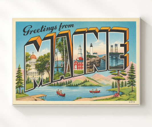 Greetings from Maine Scenic 8x10 Canvas vintage postcard wall art