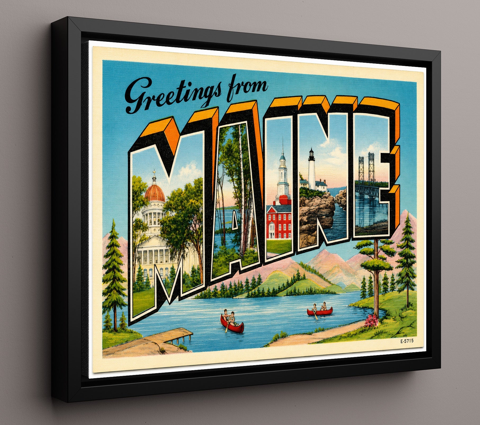 Maine Scenic Vintage Postcard - Vintage American Wall Art 16x20 Floating Canvas Display wall art print – framed decor