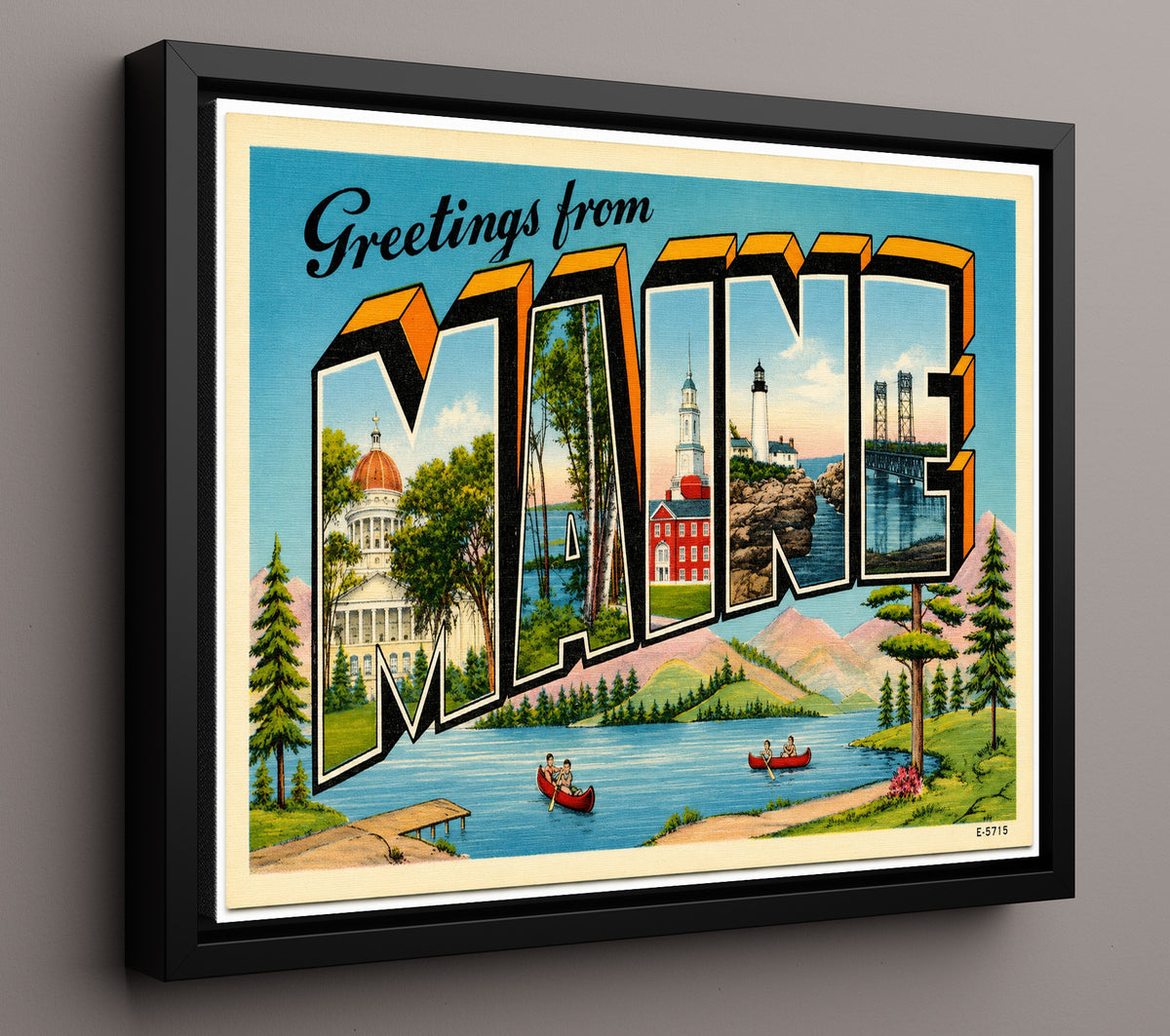 Greetings from Maine Scenic 8x10 Framed Canvas vintage postcard wall art