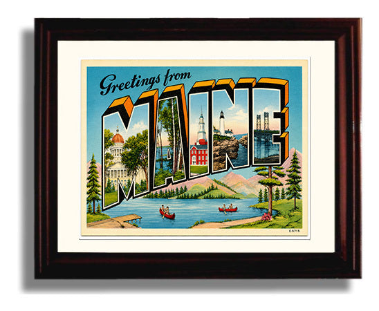 Greetings from Maine Scenic 8x10 Beveled Frame vintage postcard wall art