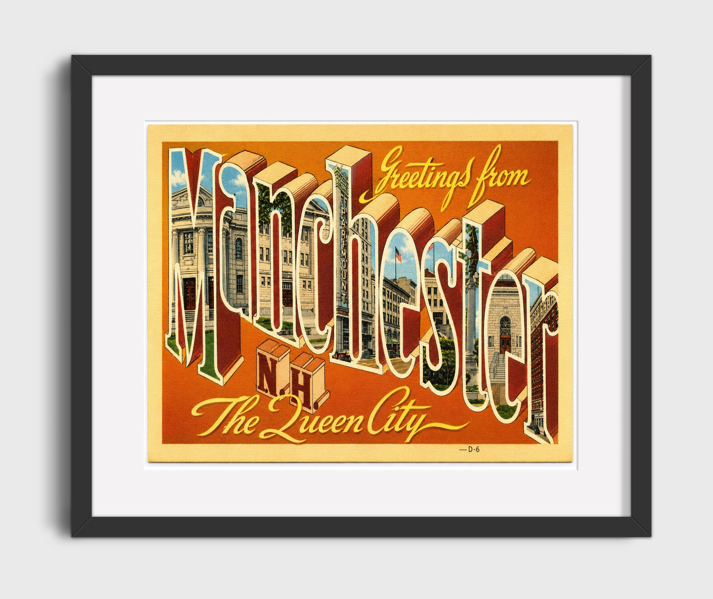 Manchester New Hampshire Queen City Vintage Postcard - Vintage American Wall Art 16x20 Gallery Framed Artwork wall art print – framed decor