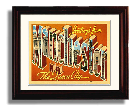 Manchester New Hampshire Queen City Vintage Postcard - Vintage American Wall Art Framed 8x10 Matted Beveled Frame wall art print – framed decor