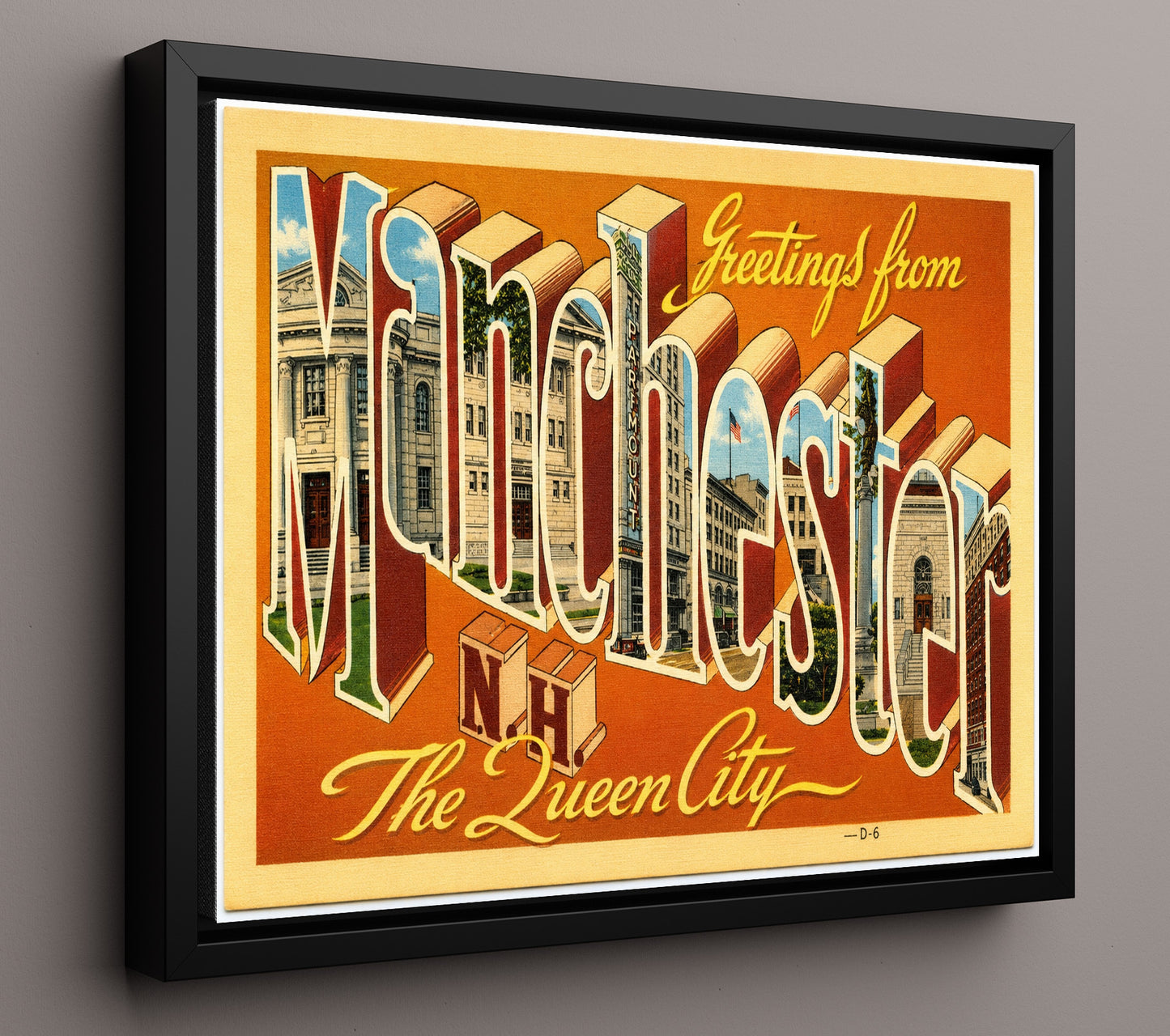 Greetings from Manchester, New Hampshire - Queen City 8x10 Framed Canvas vintage postcard wall art