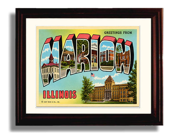 Marion, Illinois Vintage Postcard - Vintage American Wall Art Framed 8x10 Matted Beveled Frame wall art print – framed decor
