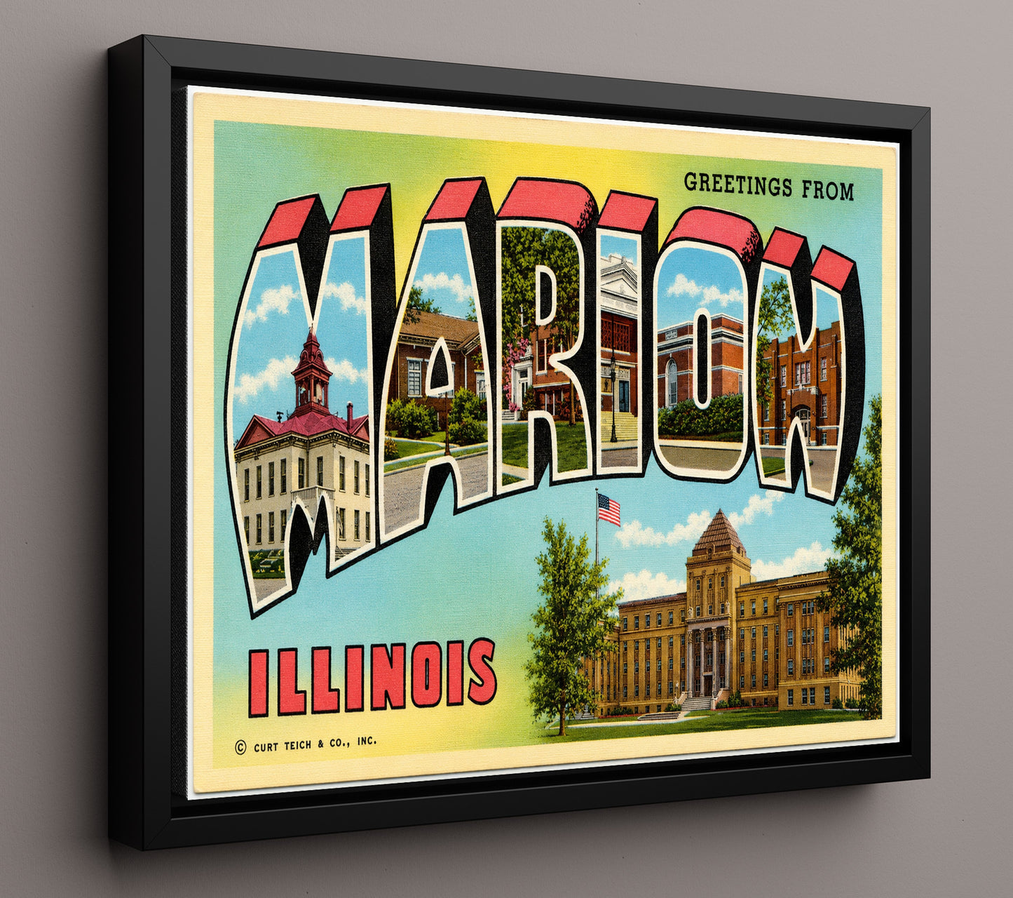 Marion, Illinois Vintage Postcard - Vintage American Wall Art 16x20 Floating Canvas Display wall art print – framed decor