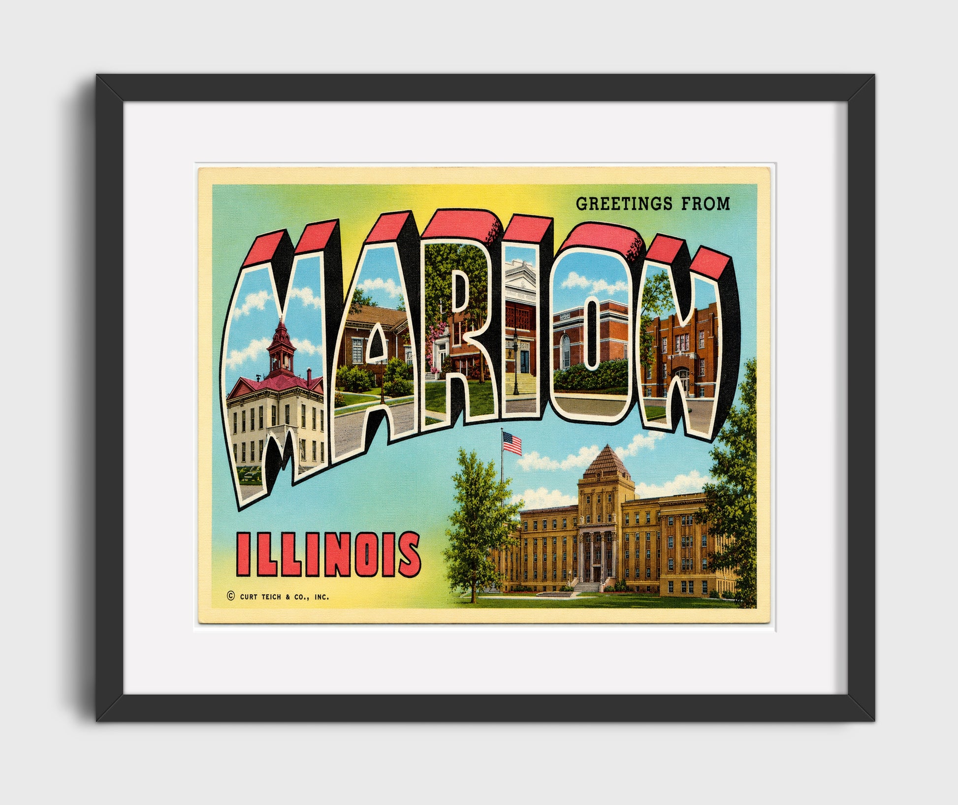 Marion, Illinois Vintage Postcard - Vintage American Wall Art 16x20 Gallery Framed Artwork wall art print – framed decor