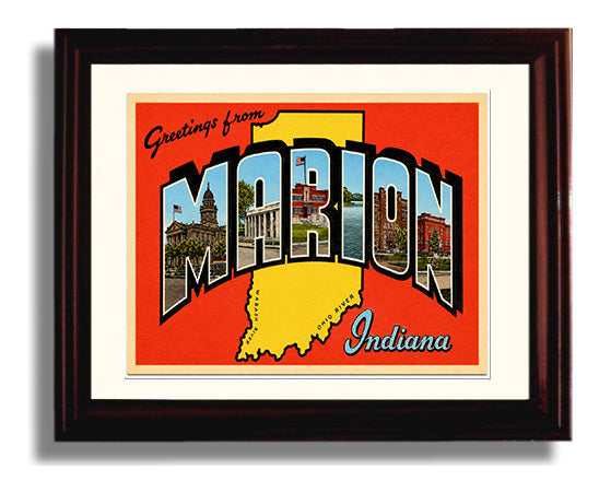 Greetings from Marion, Indiana 8x10 Beveled Frame vintage postcard wall art