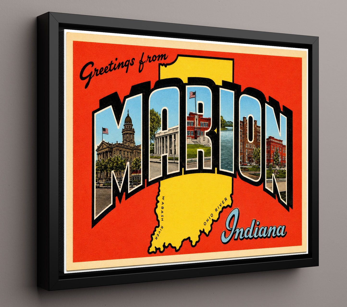 Greetings from Marion, Indiana 8x10 Framed Canvas vintage postcard wall art