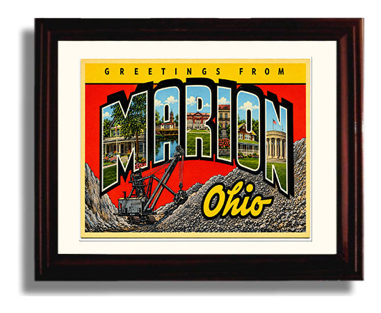 Greetings from Marion, Ohio 8x10 Beveled Frame vintage postcard wall art
