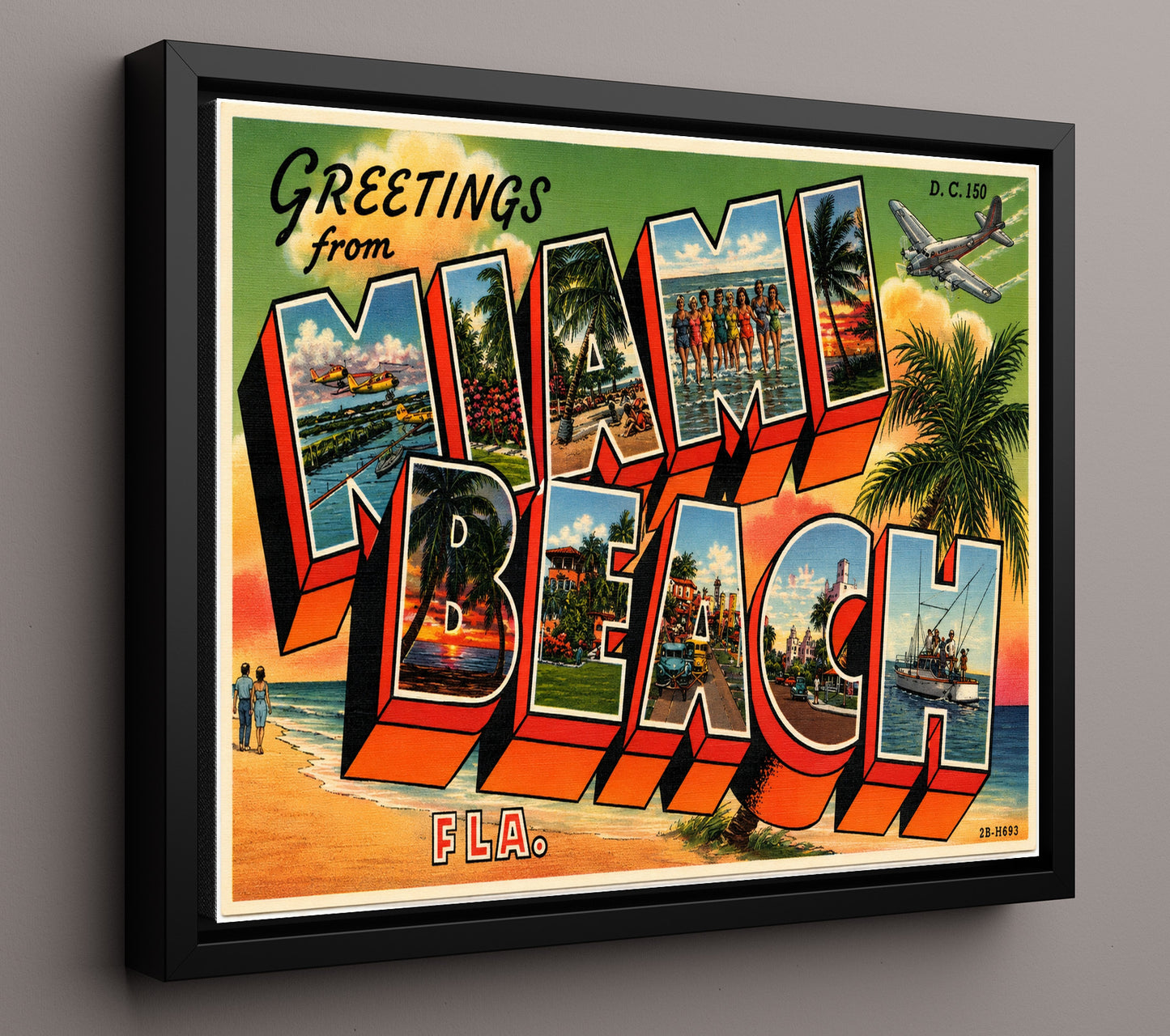 Greetings from Miami Beach, Florida - Alternate Design 8x10 Framed Canvas vintage postcard wall art