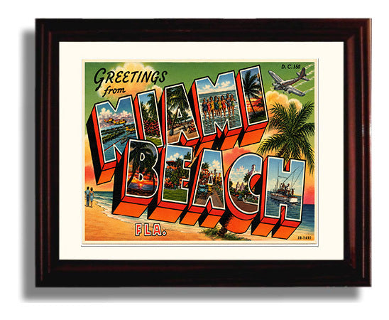 Greetings from Miami Beach, Florida - Alternate Design 8x10 Beveled Frame vintage postcard wall art