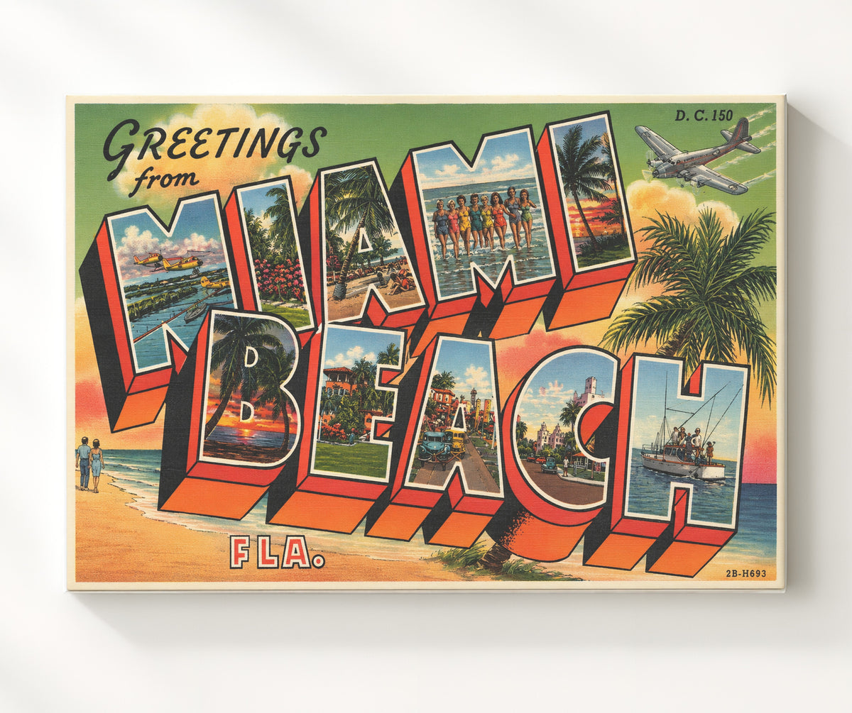 Greetings from Miami Beach, Florida - Alternate Design 8x10 Canvas vintage postcard wall art