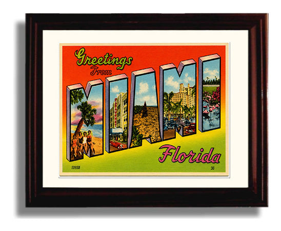 Greetings from Miami, Florida 8x10 Beveled Frame vintage postcard wall art