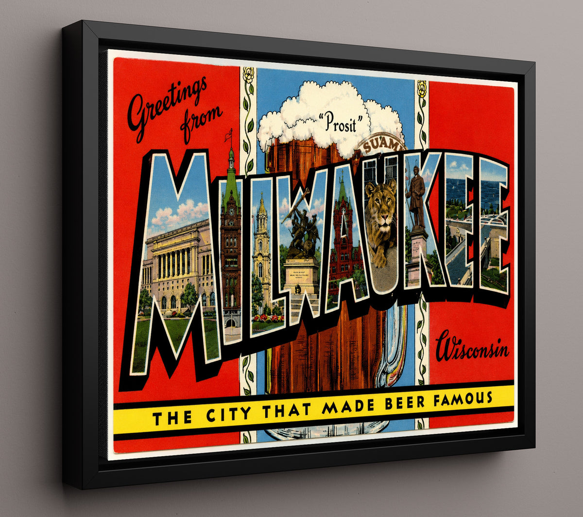 Greetings from Milwaukee, Wisconsin 8x10 Framed Canvas vintage postcard wall art