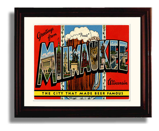 Greetings from Milwaukee, Wisconsin 8x10 Beveled Frame vintage postcard wall art