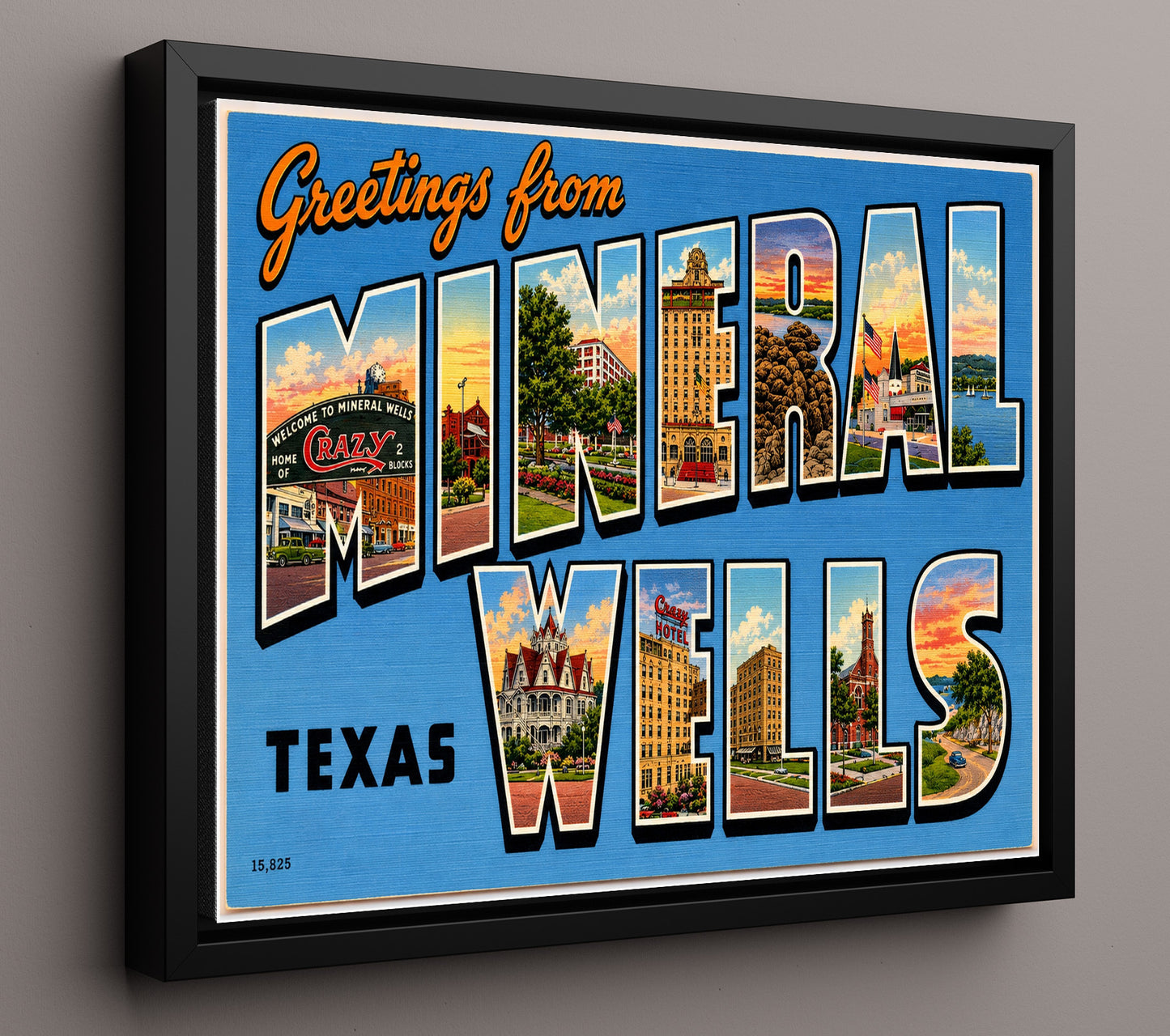 Mineral Wells, Texas Vintage Postcard - Vintage American Wall Art 16x20 Floating Canvas Display wall art print – framed decor
