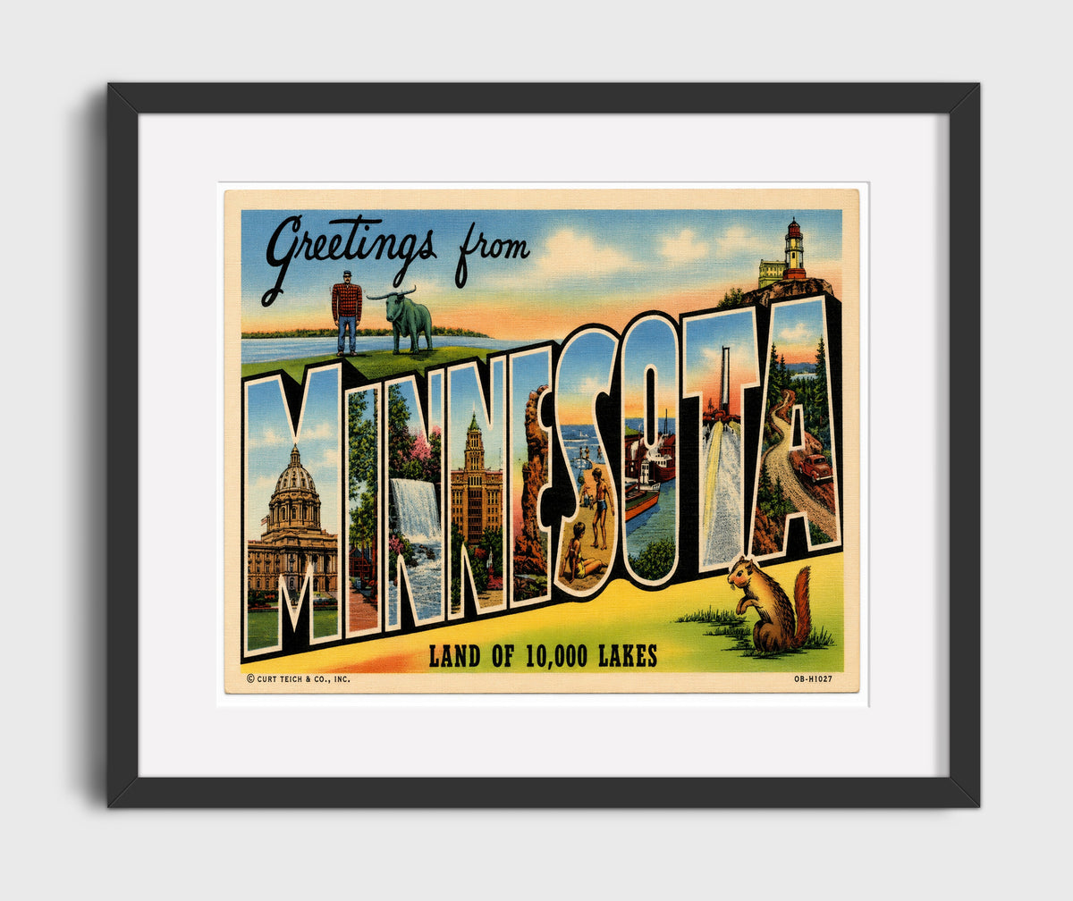 Greetings from Minnesota - Land of 10,000 Lakes 16x20 Gallery Frame vintage postcard wall art