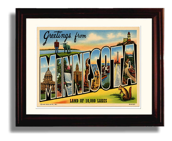 Greetings from Minnesota - Land of 10,000 Lakes 8x10 Beveled Frame vintage postcard wall art