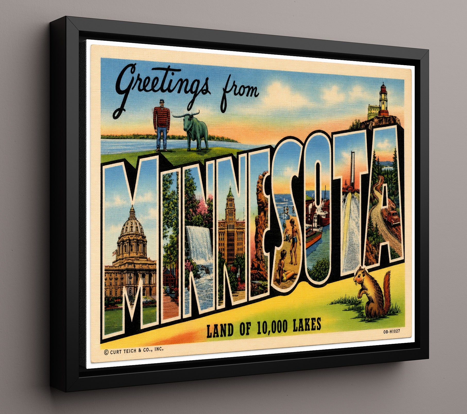 Minnesota Land of 10000 Lakes Vintage Postcard - Vintage American Wall Art 16x20 Floating Canvas Display wall art print – framed decor