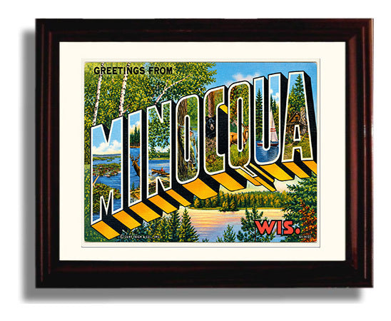 Minocqua, Wisconsin Vintage Postcard - Vintage American Wall Art Framed 8x10 Matted Beveled Frame wall art print – framed decor