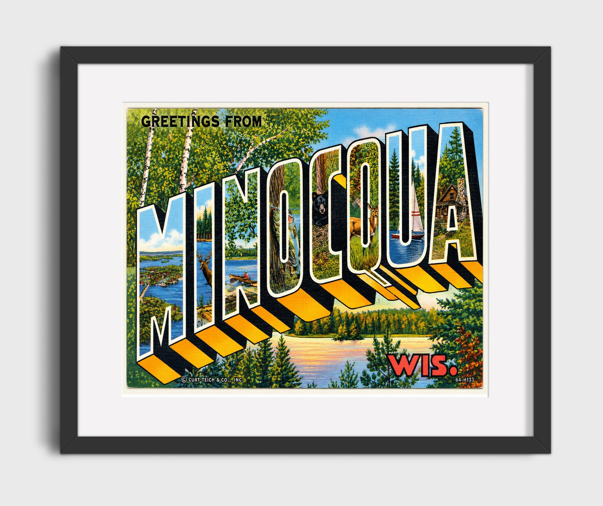 Greetings from Minocqua, Wisconsin - Alternate Design 16x20 Gallery Frame vintage postcard wall art