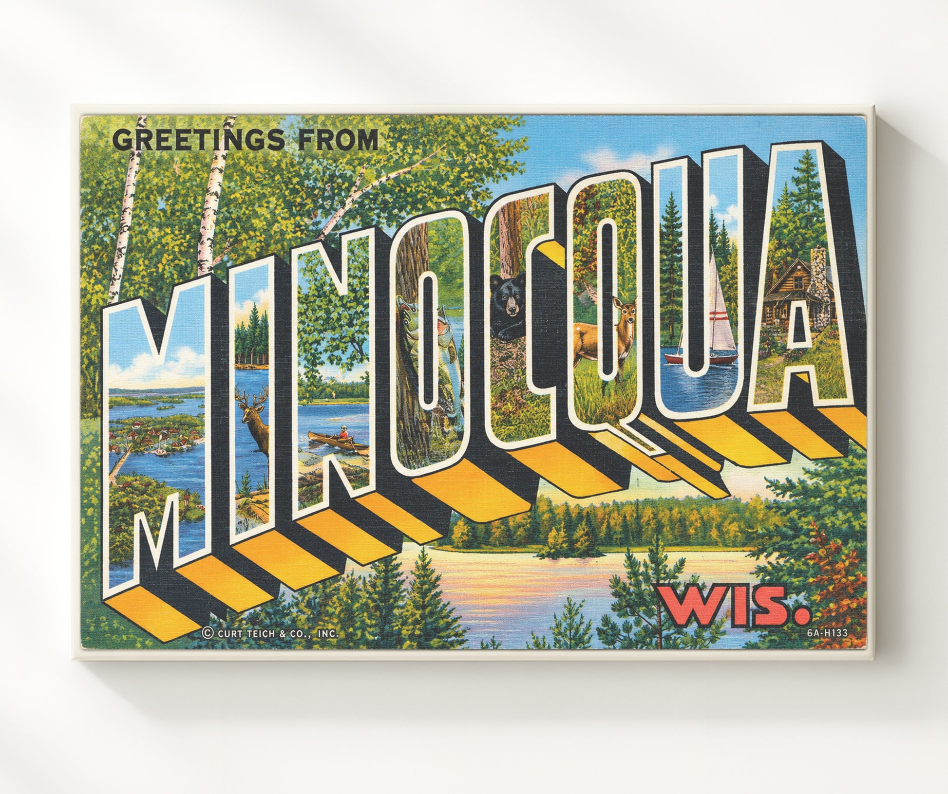 Minocqua Wisconsin Variant Vintage Postcard - Vintage American Wall Art 16x20 Canvas Wall Art wall art print – canvas decor