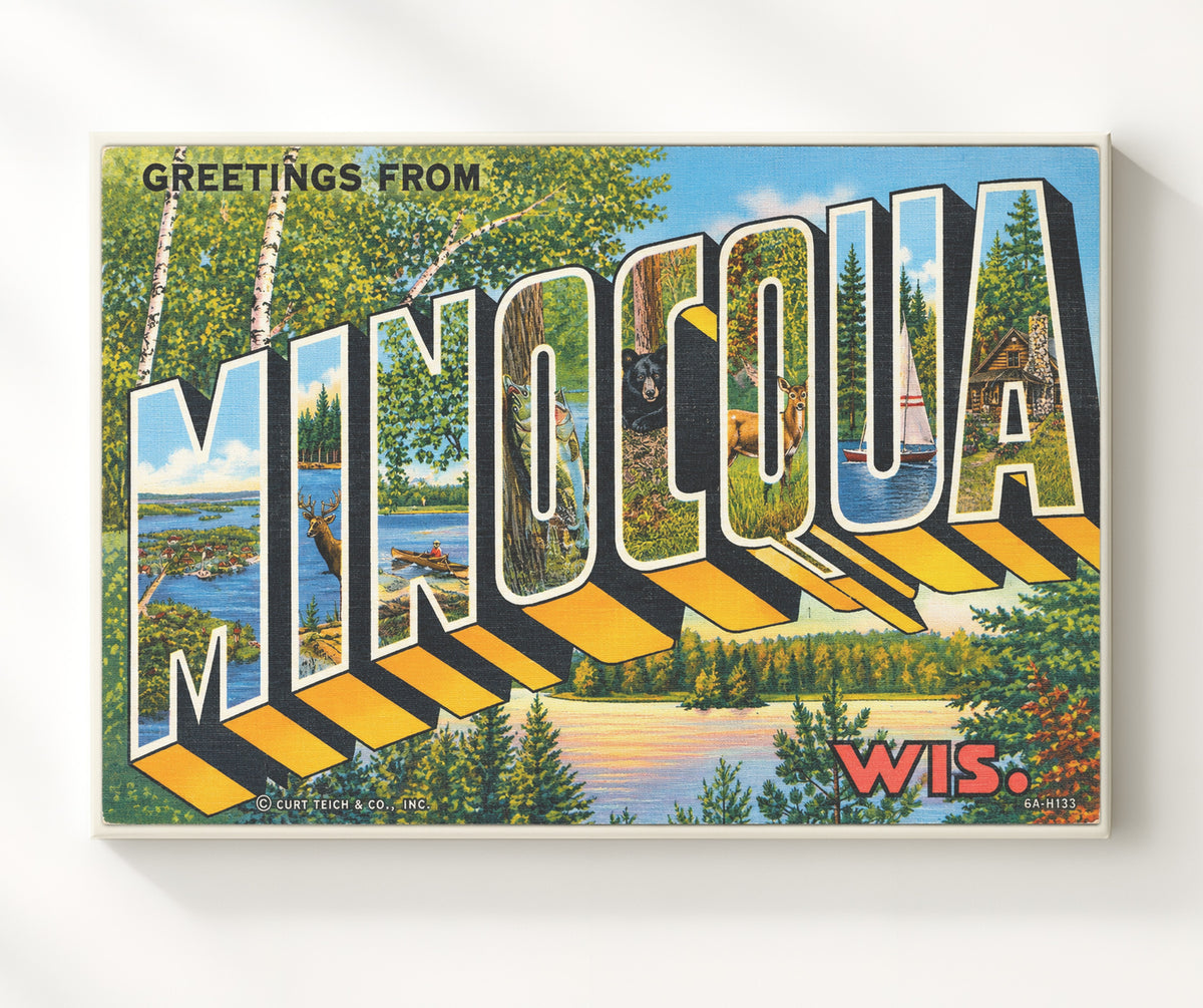 Greetings from Minocqua, Wisconsin - Alternate Design 8x10 Canvas vintage postcard wall art