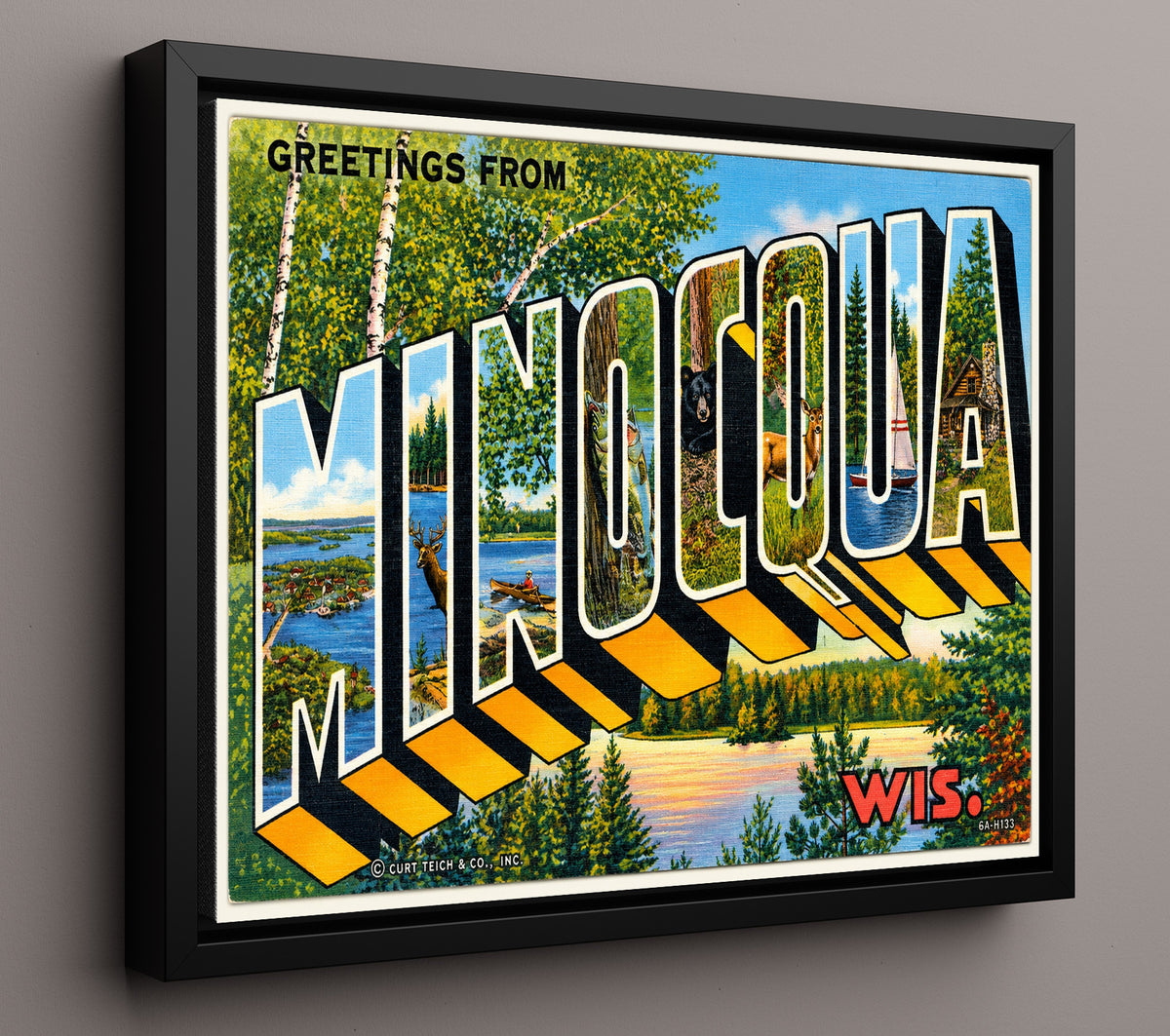 Greetings from Minocqua, Wisconsin - Alternate Design 8x10 Framed Canvas vintage postcard wall art