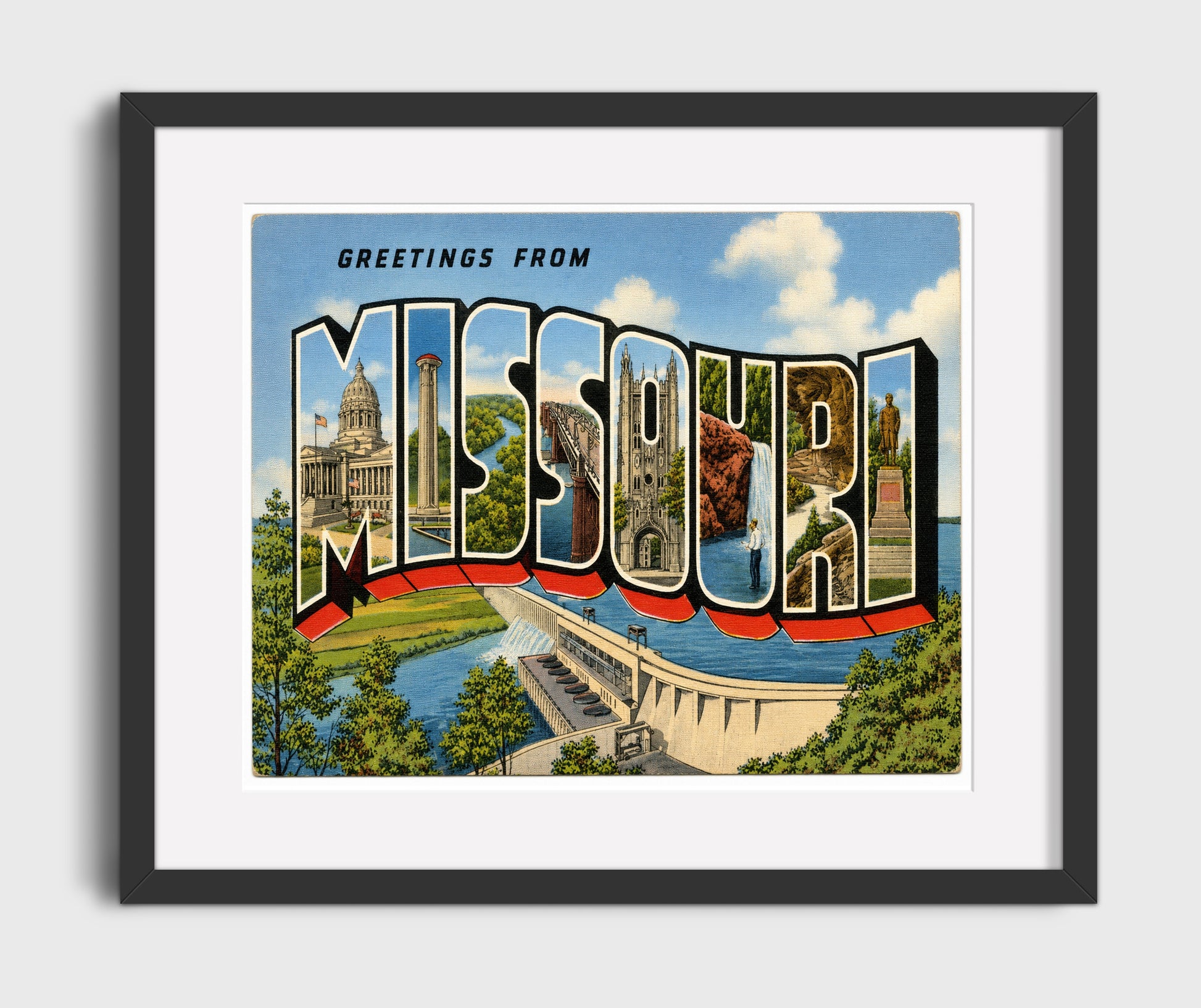 Greetings from Missouri - Dam Scene 16x20 Gallery Frame vintage postcard wall art