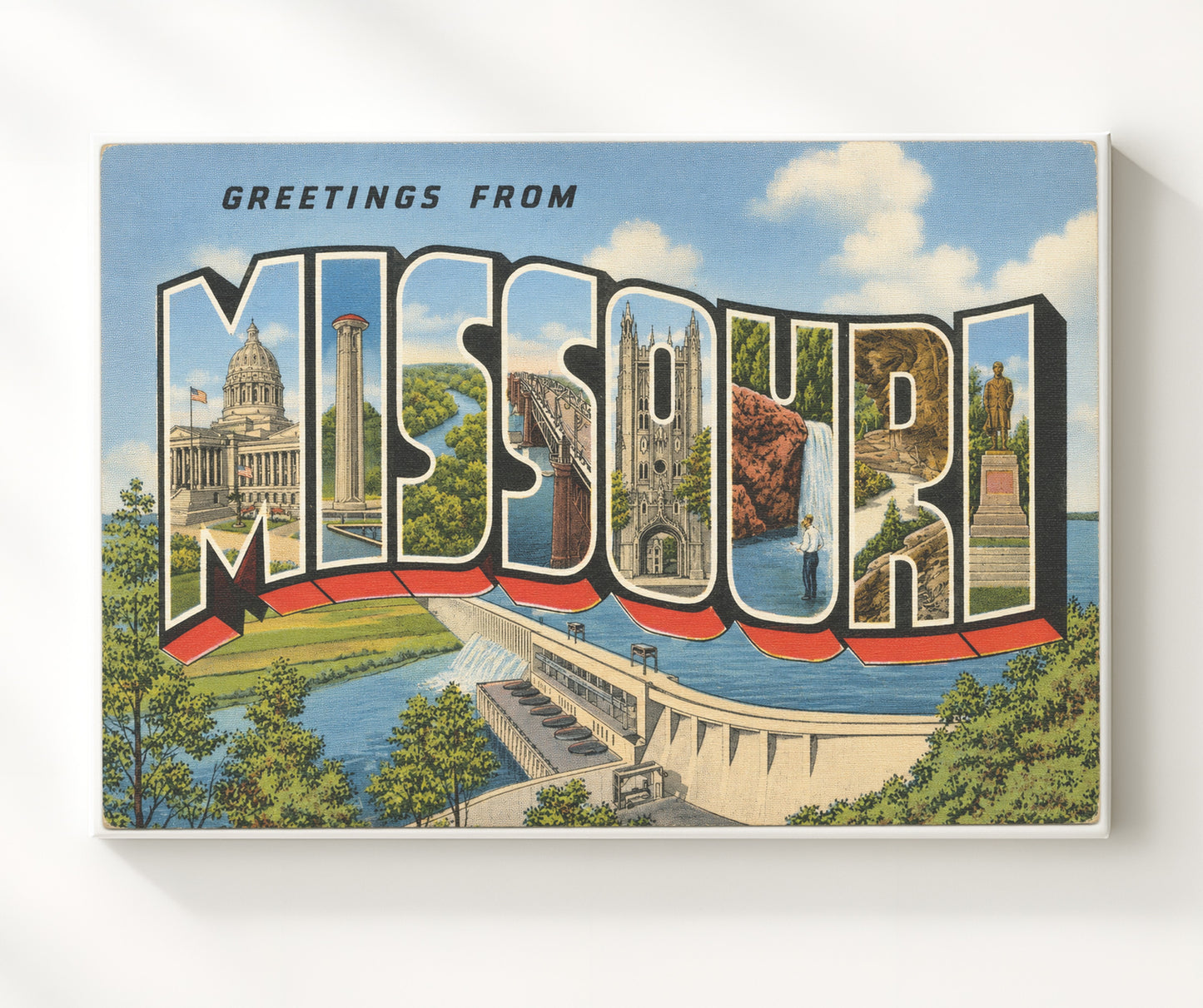 Missouri Dam Scene Vintage Postcard - Vintage American Wall Art 16x20 Canvas Wall Art wall art print – canvas decor