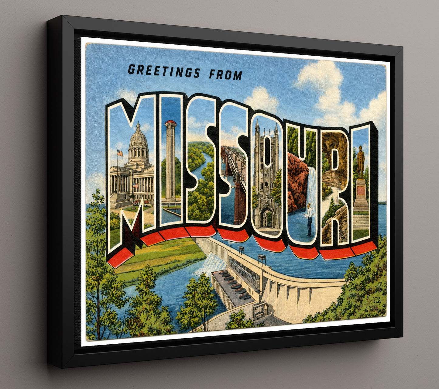 Missouri Dam Scene Vintage Postcard - Vintage American Wall Art 16x20 Floating Canvas Display wall art print – framed decor