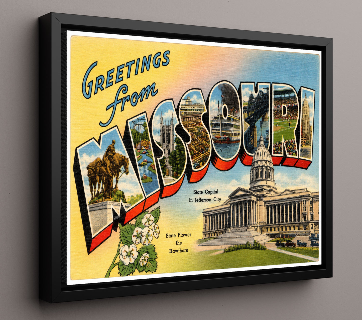 Missouri State Capitol Vintage Postcard - Vintage American Wall Art 16x20 Floating Canvas Display wall art print – framed decor