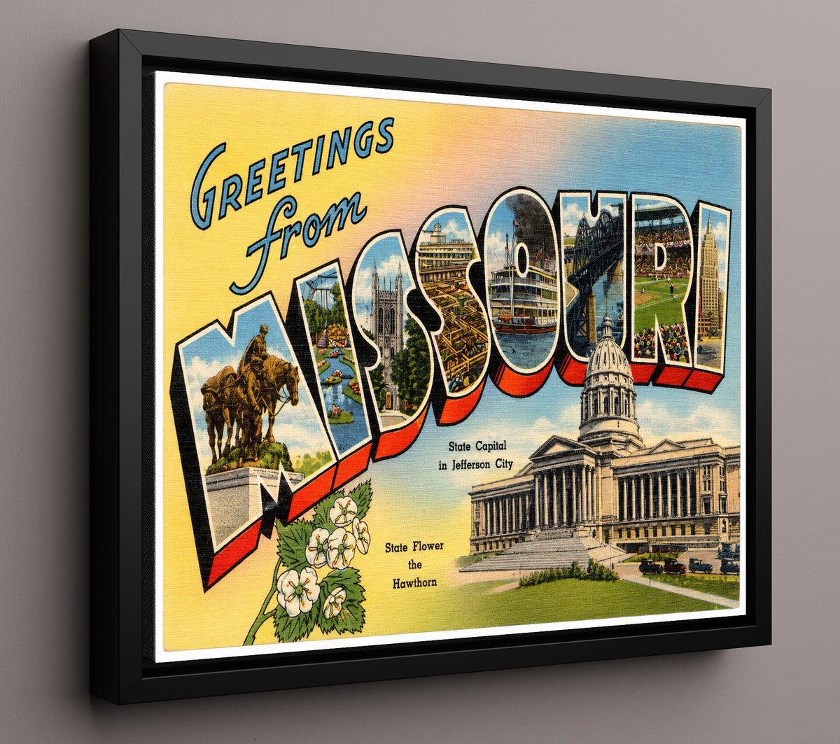 Greetings from Missouri - State Capitol 8x10 Framed Canvas vintage postcard wall art
