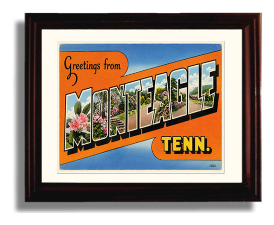 Greetings from Monteagle, Tennessee 8x10 Beveled Frame vintage postcard wall art