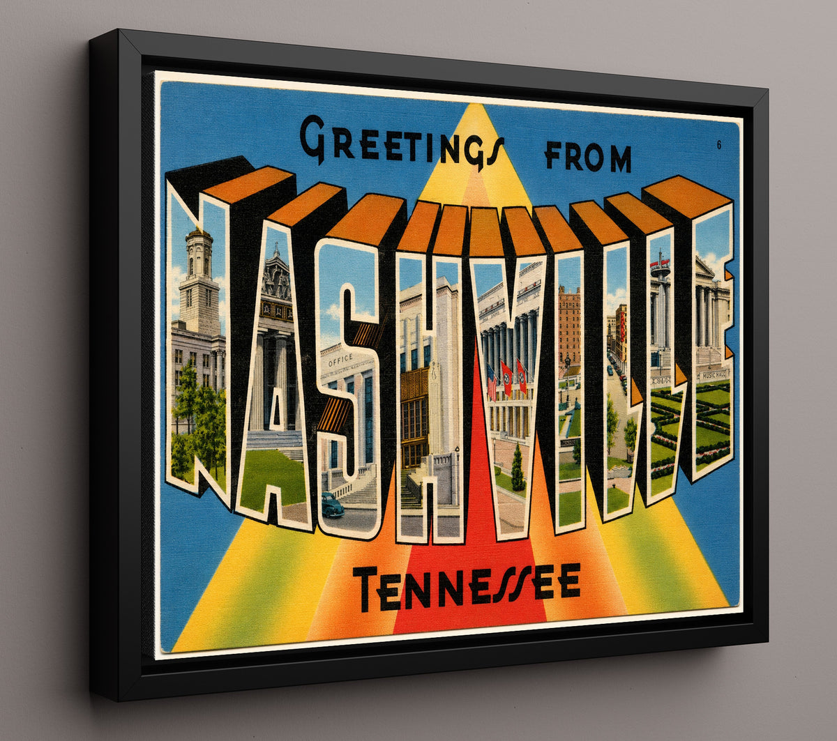 Greetings from Nashville, Tennessee - Skyline 8x10 Framed Canvas vintage postcard wall art