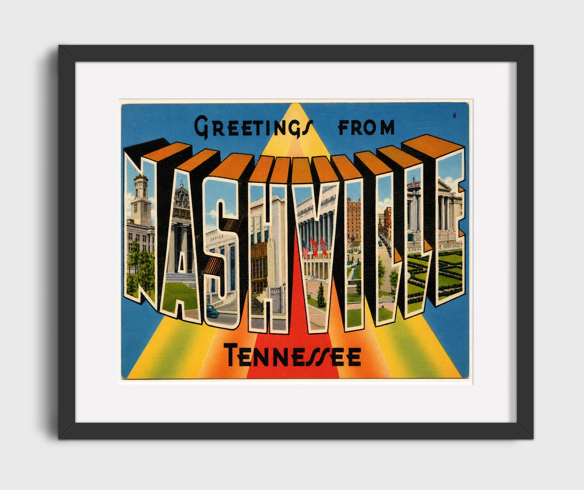 Greetings from Nashville, Tennessee - Skyline 16x20 Gallery Frame vintage postcard wall art