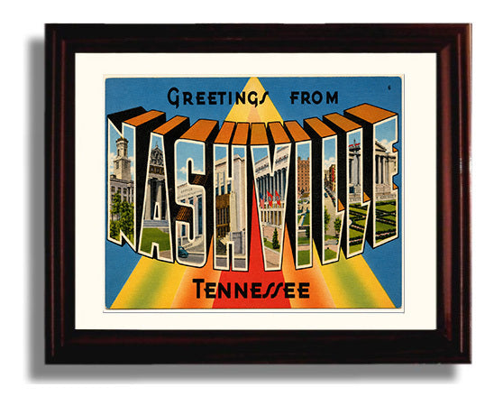 Greetings from Nashville, Tennessee - Skyline 8x10 Beveled Frame vintage postcard wall art