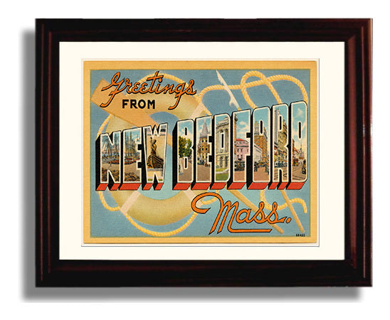 Greetings from New Bedford, Massachusetts 8x10 Beveled Frame vintage postcard wall art