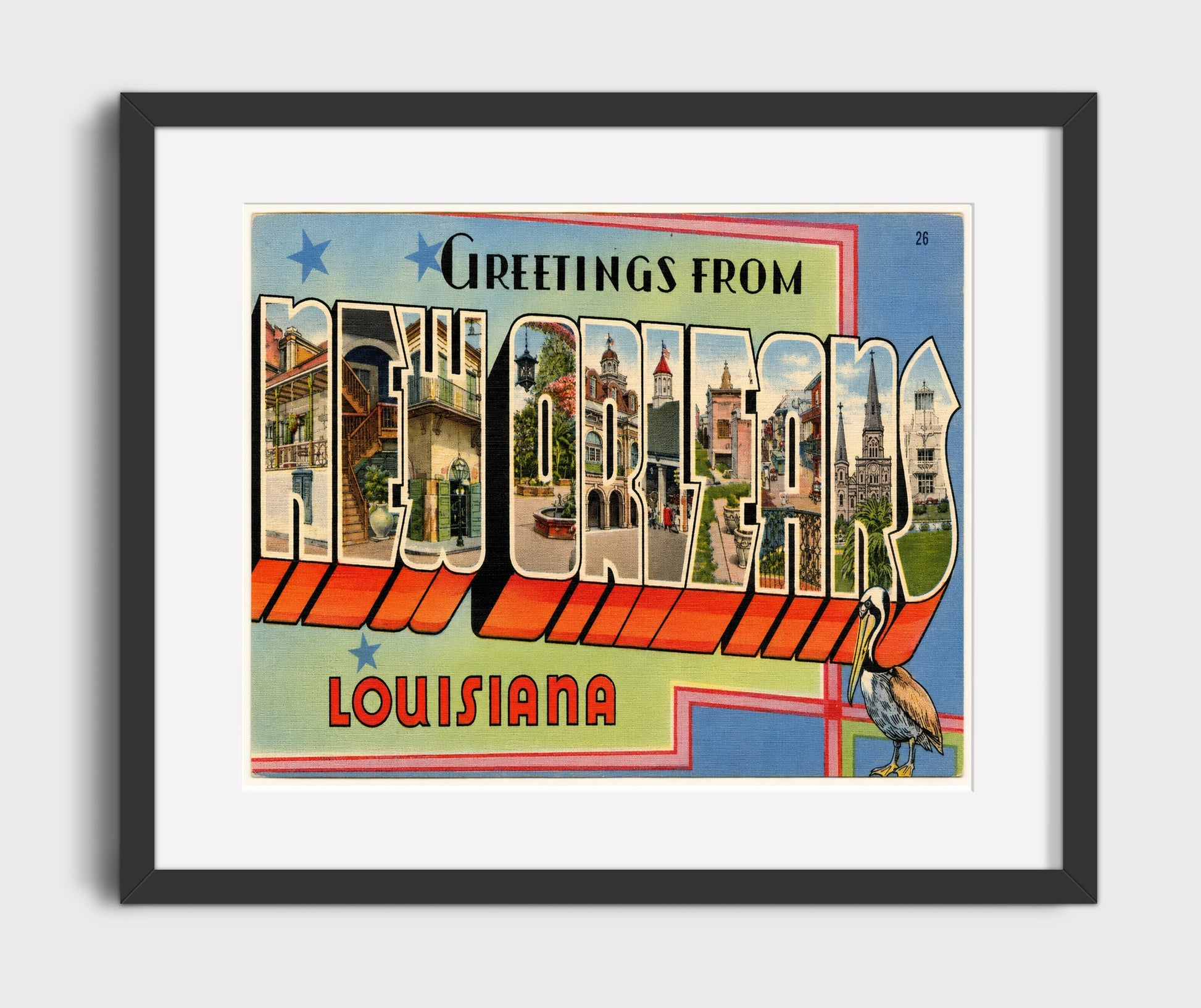 Greetings from New Orleans, Louisiana - French Quarter 16x20 Gallery Frame vintage postcard wall art