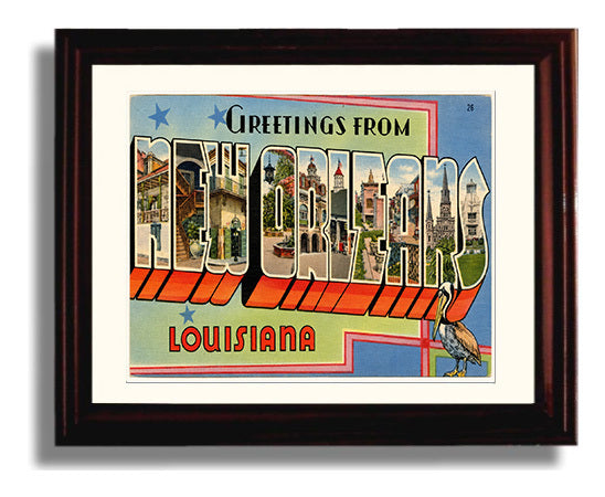 Greetings from New Orleans, Louisiana - French Quarter 8x10 Beveled Frame vintage postcard wall art