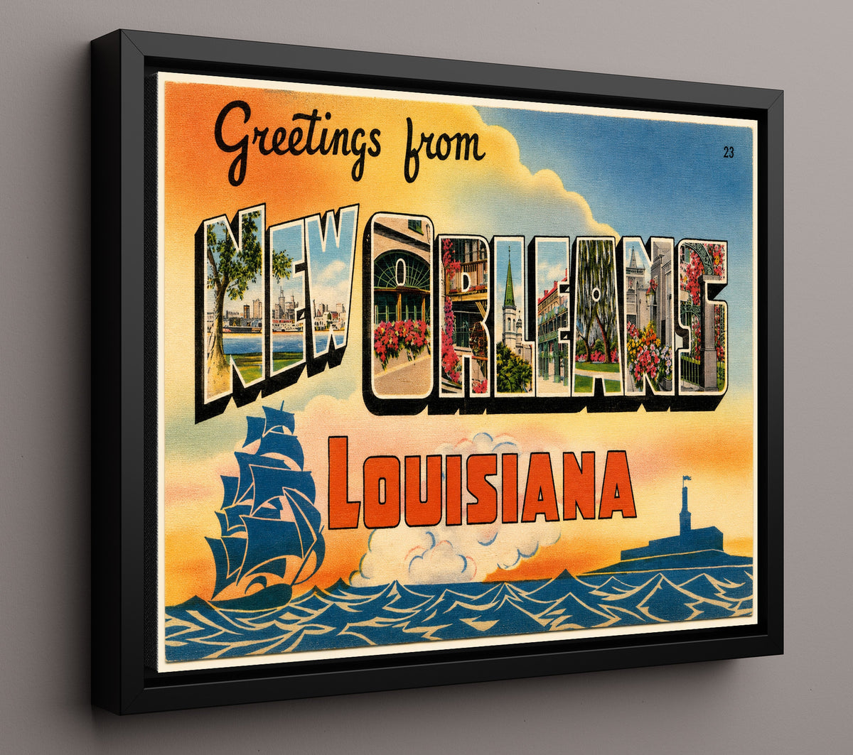 Greetings from New Orleans, Louisiana - Harbor 8x10 Framed Canvas vintage postcard wall art